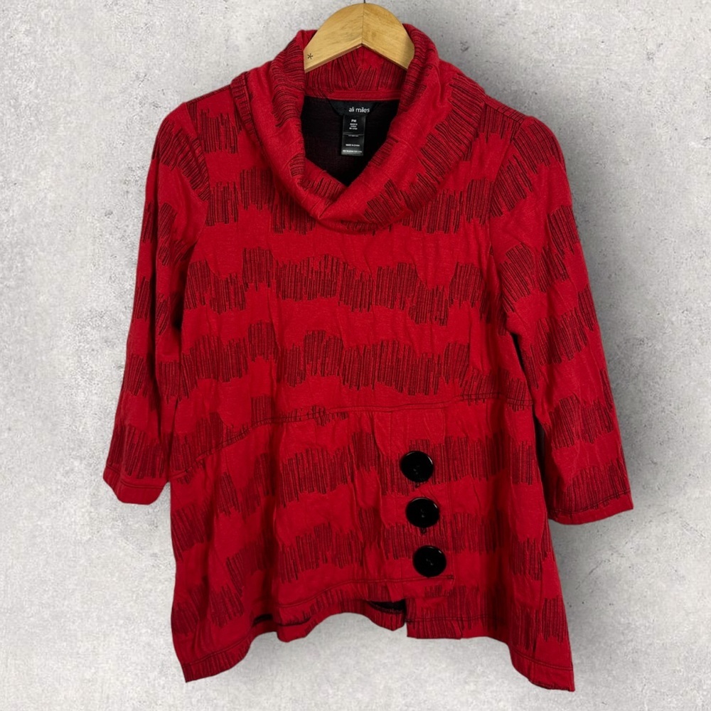 Ali MIles Turtleneck Tunic Top Red Button Front 3/4 Sleeves Size Medium Petite M